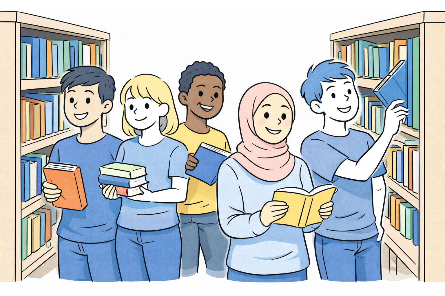 Fünf Jugendliche zwischen Regalen und mit Büchern in den Händen.